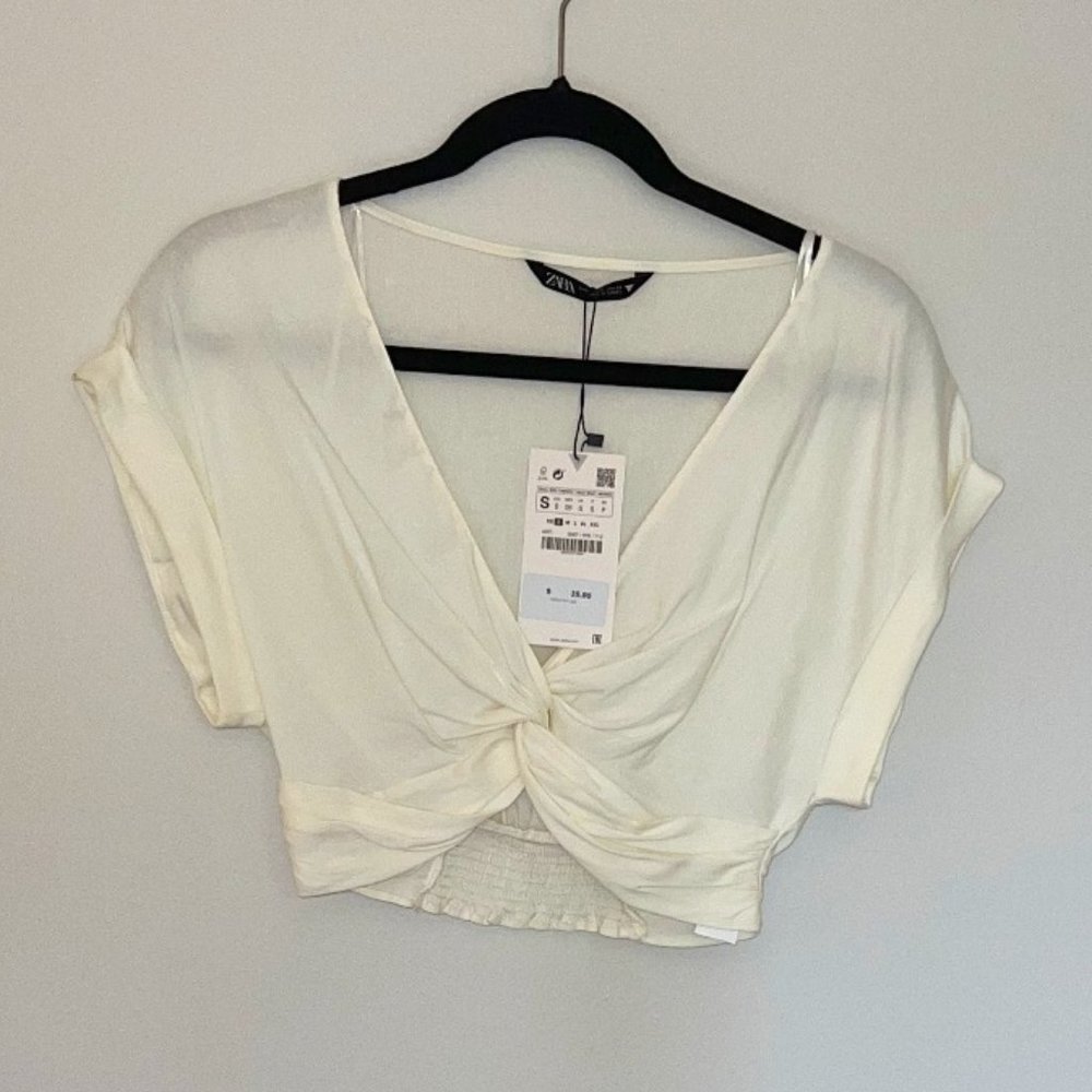 Zara Ivory Cropped Plunging V Neck Cap Cuff Sleeve Twisted Linen Blend Top Small